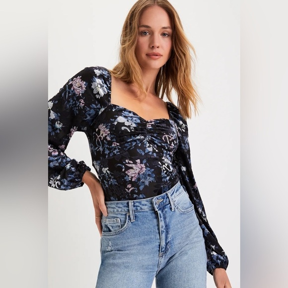 Lulus Divine Radiance Black Floral Burnout Velvet Long Sleeve Bodysuit, Size XS - Picture 1 of 10